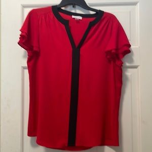 Calvin Klein Red with black trim flutter sleeve blouse, large